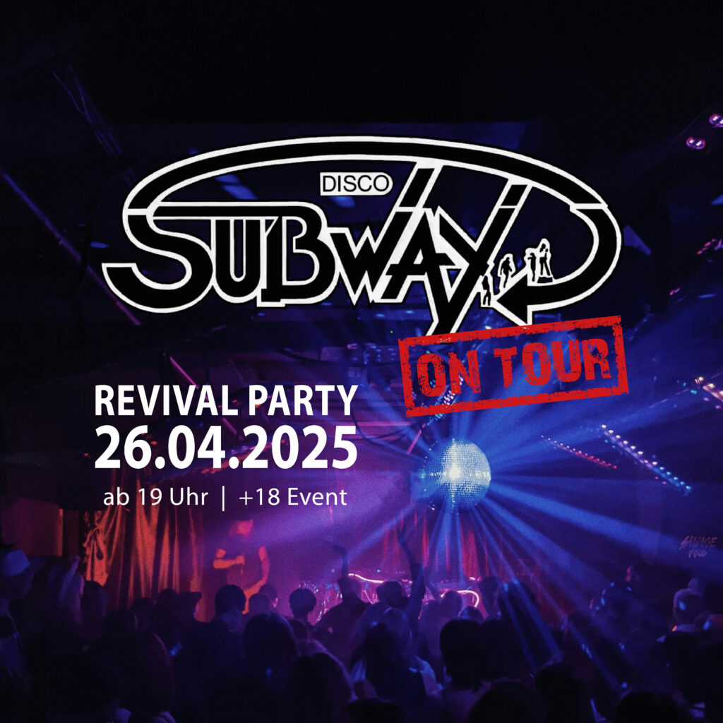 Logo Disco Subway vor Party-Hintergrund
